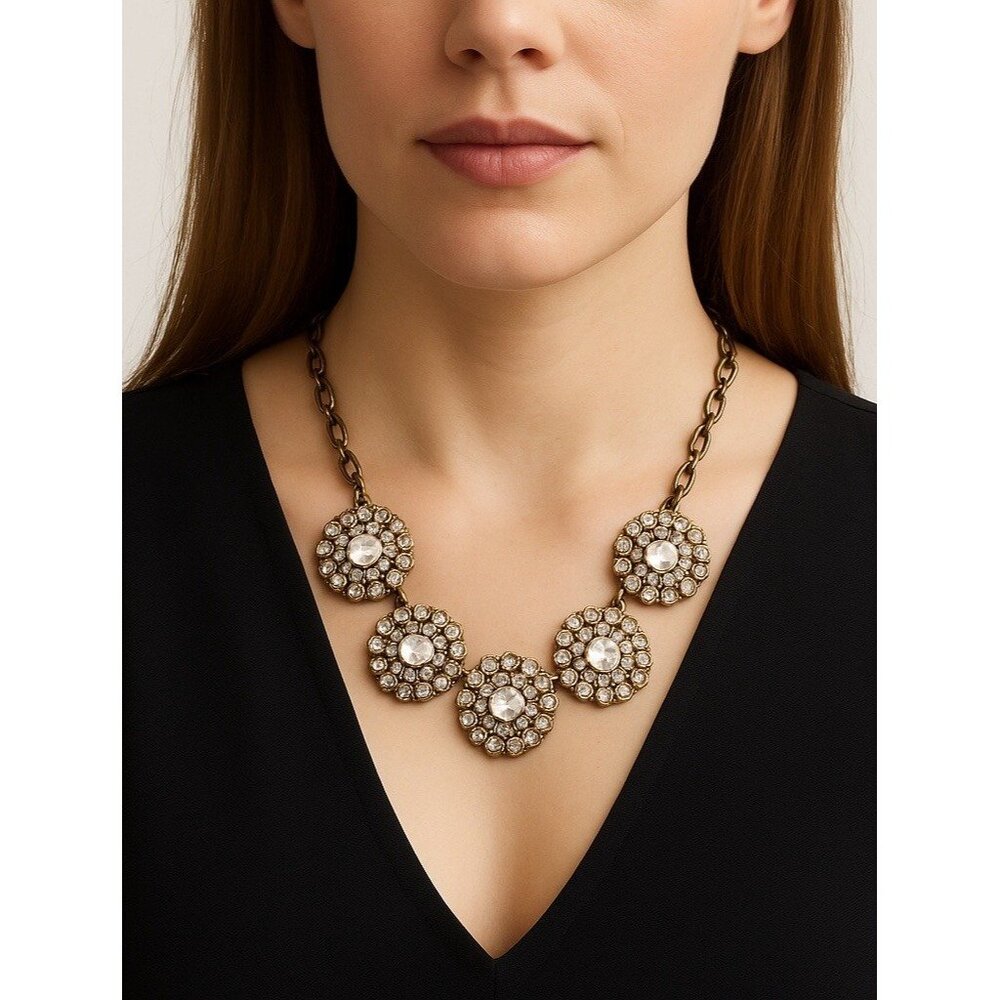 J.Crew Crystal Flower Cluster Statement Necklace Antique Gold Bib Rhinestone